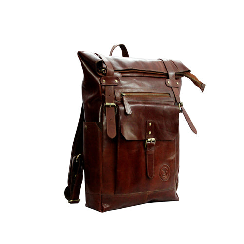 UNISEX GENUINE LEATHER ROLL-TOP BACKPACK WITH 14" LAPTOP COMPARTMENT