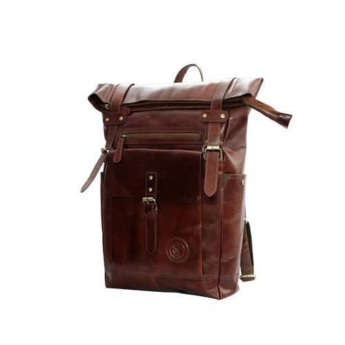 UNISEX GENUINE LEATHER ROLL-TOP BACKPACK WITH 14" LAPTOP COMPARTMENT
