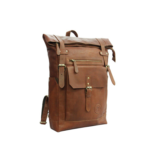 UNISEX GENUINE LEATHER ROLL-TOP BACKPACK WITH 14" LAPTOP COMPARTMENT