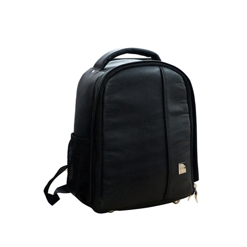 Genuine Leather Camera Backpack With Cushioned Interior & Flexible Slots To Adjust Your Cameras & Lenses Also A Nylon Cover Is Provided To Cover Your Bag Incase Of Rains