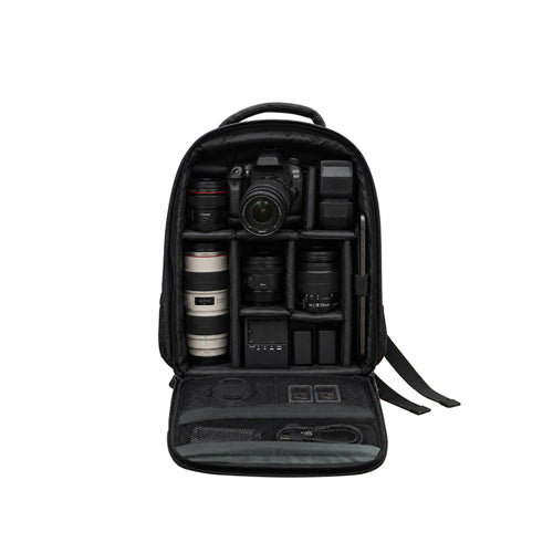 Genuine Leather Camera Backpack With Cushioned Interior & Flexible Slots To Adjust Your Cameras & Lenses Also A Nylon Cover Is Provided To Cover Your Bag Incase Of Rains