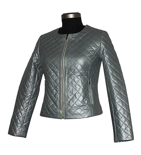 Genuine Leather Quilted Jacket For Women's Color Silver