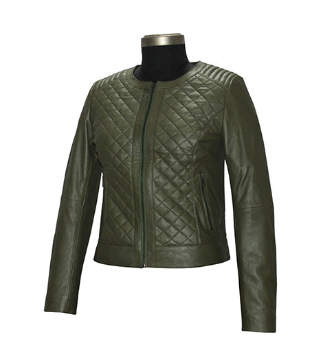 Genuine Leather Quilted Jacket For Women's Olive Color