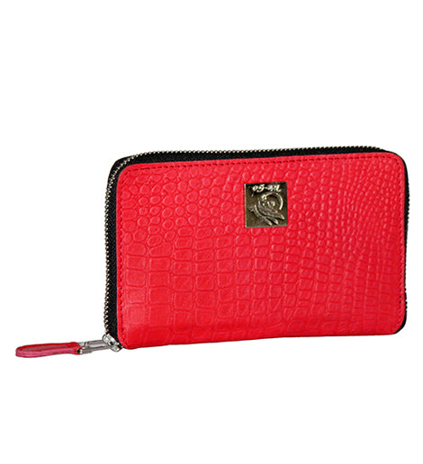 Genuine Leather , Croco Embossed Leather Women Wallet Red Color