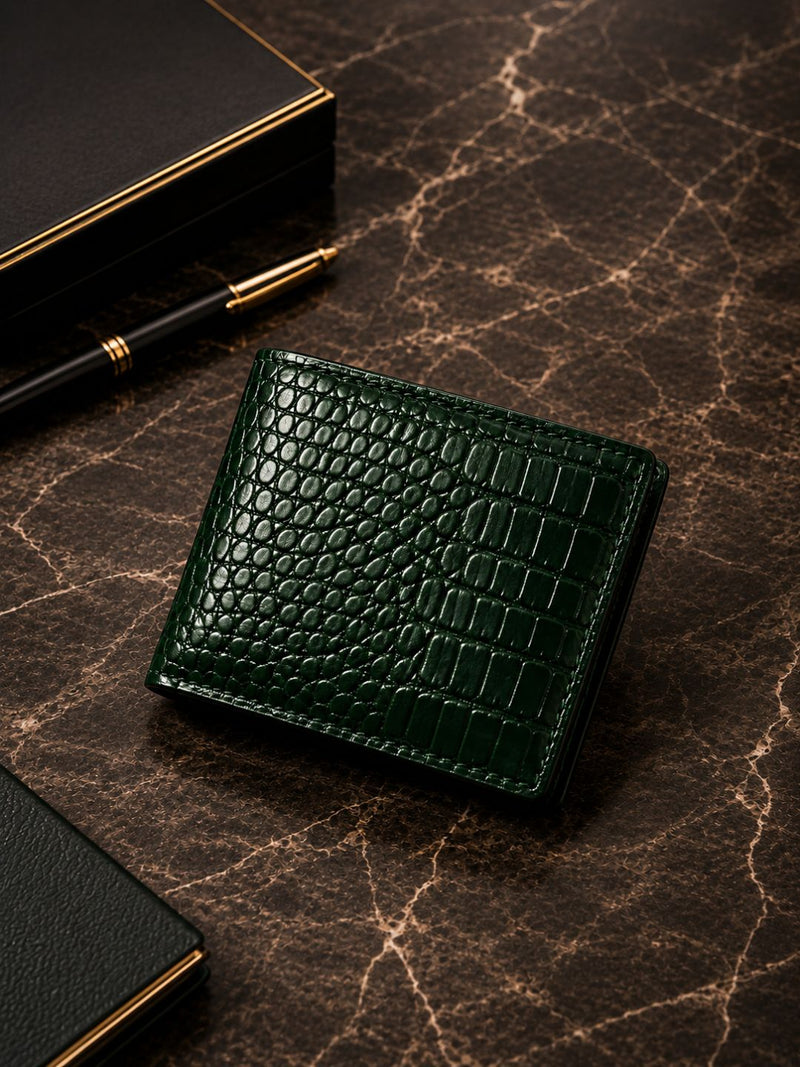 We-Go Genuine Leather Wallet for Men – Croco Print Bifold Slim Wallet - Olive Green
