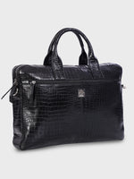 Genuine Leather Office Bag - Crocodile Embossed Print Leather Portfolio , With Adjustable Shoulder Strap , Can Accommodate 15 " Laptop