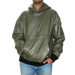 Genuine Leather , Men's Leather Hoody Jacket Olive Color