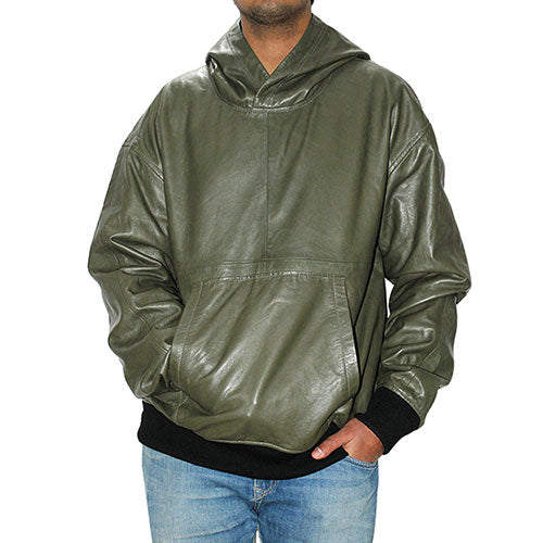 Genuine Leather , Men's Leather Hoody Jacket Olive Color