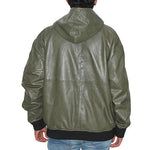 Genuine Leather , Men's Leather Hoody Jacket Olive Color