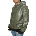 Genuine Leather , Men's Leather Hoody Jacket Olive Color