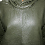 Genuine Leather , Men's Leather Hoody Jacket Olive Color