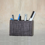 GENUINE LEATHER CROCODILE PRINT EMBOSSED PEN STAND TWIN SLOTS 4 " HEIGHT  X 6  " LENGTH