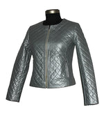 Genuine Leather Quilted Jacket For Women's Color Silver