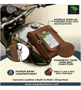 Genuine Leather Messenger Bag For Bikers With Mobile Display Pocket For GPS Navigation With Compartment For Power Bank Charger And Magnetic Back To Hold On The Bikes Petrol Tank