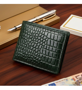 We-Go Genuine Leather Wallet for Men – Croco Print Bifold Slim Wallet - Olive Green We-Go Genuine Leather Wallet for Men – Croco Print Bifold Slim Wallet - Olive Green