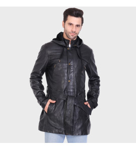 Genuine Leather - Veg Tanned Leather Mens 3/4 Long Jacket With Poly Fur Lining For Body And Hood