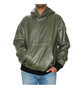 Genuine Leather , Men's Leather Hoody Jacket Olive Color