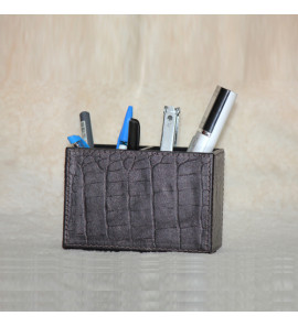 GENUINE LEATHER CROCODILE PRINT EMBOSSED PEN STAND TWIN SLOTS 4 " HEIGHT  X 6  " LENGTH