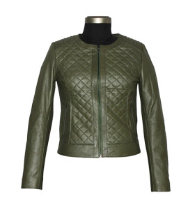 Genuine Leather Quilted Jacket For Women's Olive Color