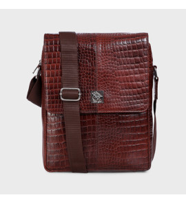 Unisex Genuine Leather - Messenger Bag , Croco Embossed Two Tone Effect Leather